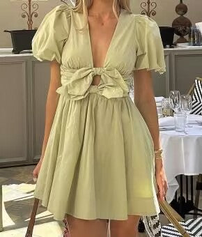 Bow Cutout Puff-Sleeve A-Line Mini Dress