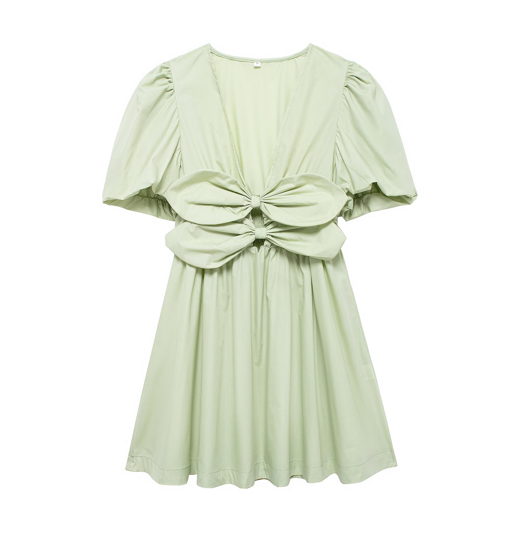 Bow Cutout Puff-Sleeve A-Line Mini Dress