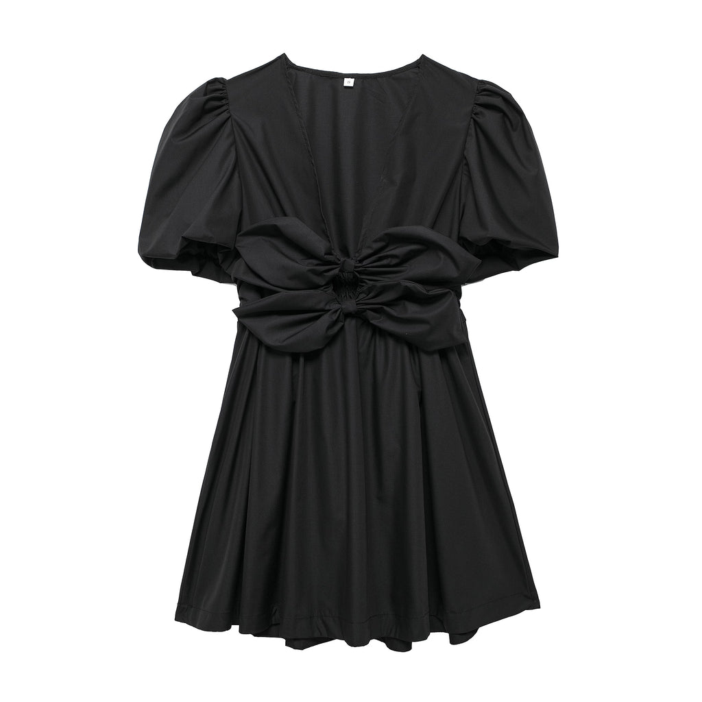 Bow Cutout Puff-Sleeve A-Line Mini Dress