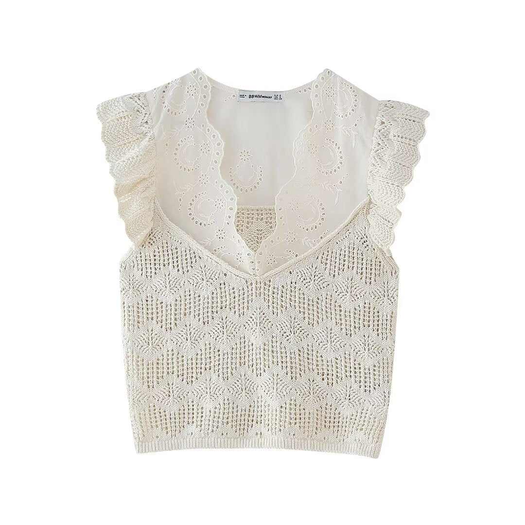 Women's Clothing Laminated Decoration Patchwork Knitting Romantic Top