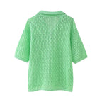 Women Clothing Summer Jacquard Mesh Loose Polo Collar Knitwear
