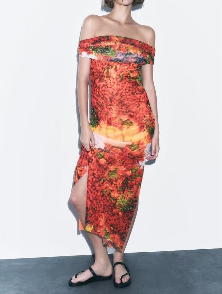 Women's Off-Shoulder Printed Split Sleeveless Dress