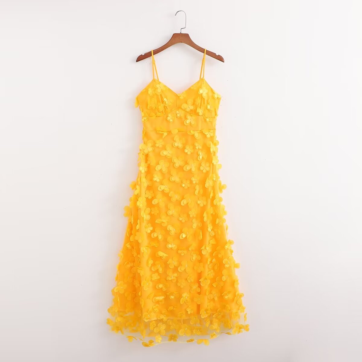 Women's Summer V Neck Sleeveless Yellow Mesh Three Dimensional Sling Dress Women