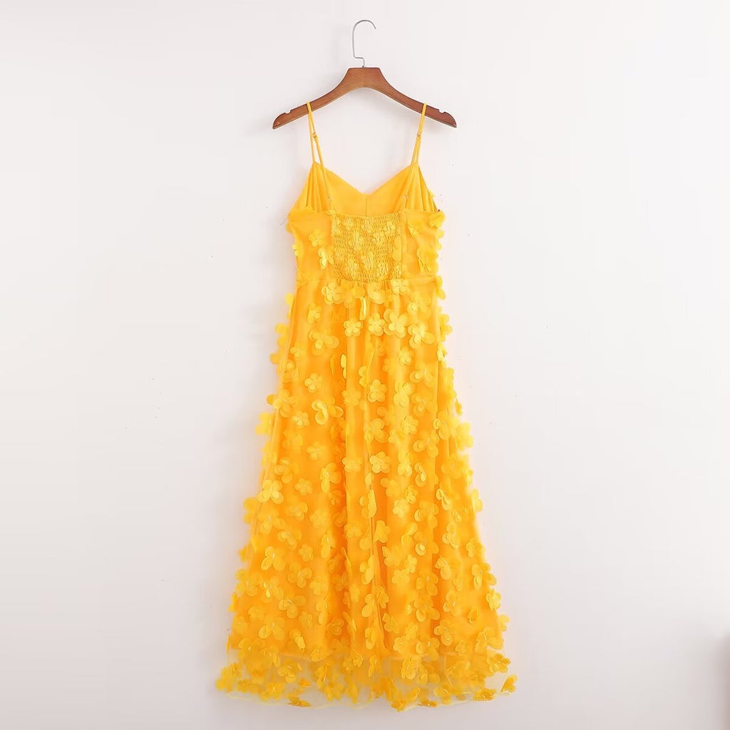Women's Summer V Neck Sleeveless Yellow Mesh Three Dimensional Sling Dress Women