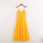 Women's Summer V Neck Sleeveless Yellow Mesh Three Dimensional Sling Dress Women