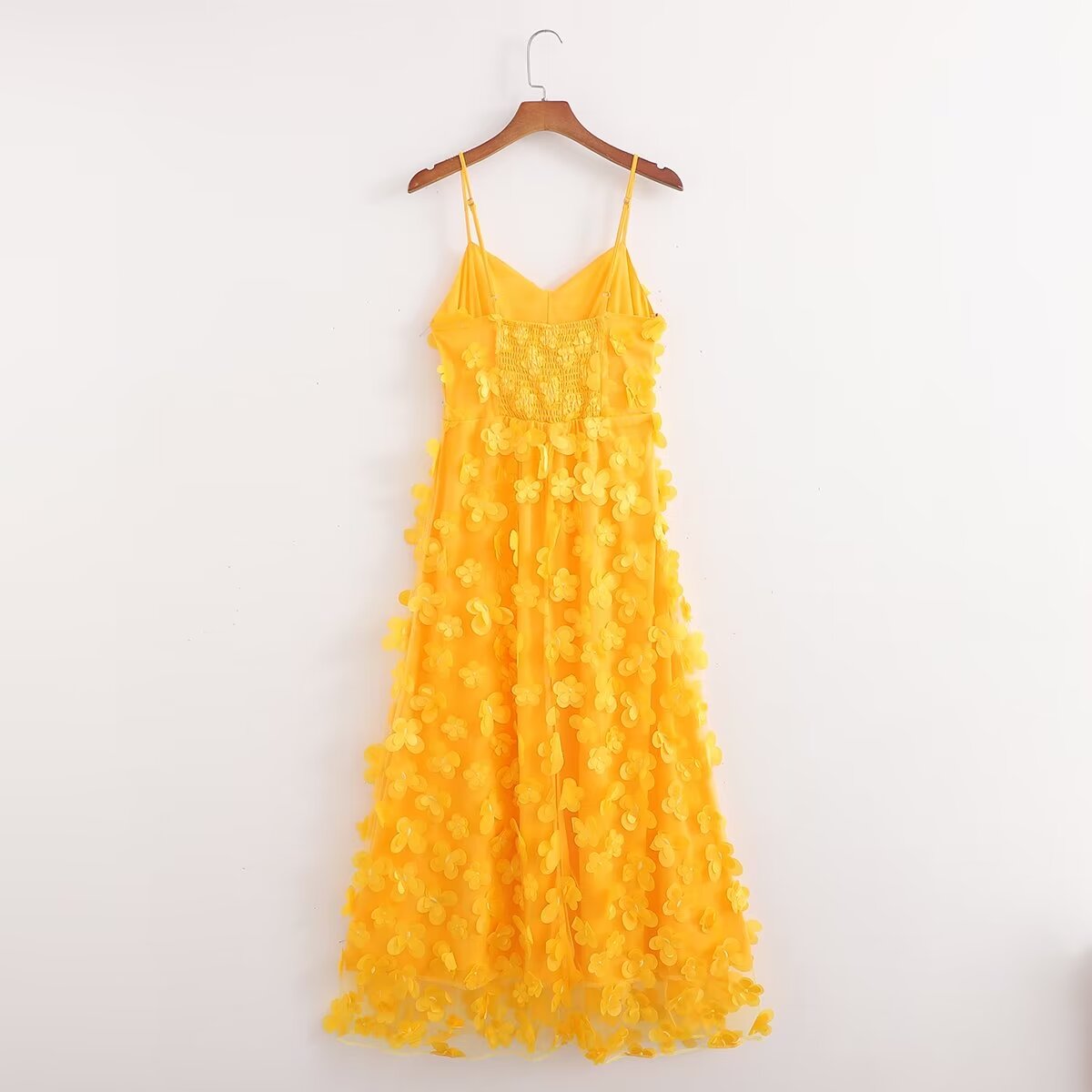 Women's Summer V Neck Sleeveless Yellow Mesh Three Dimensional Sling Dress Women