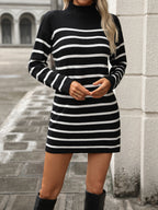 Striped Turtleneck Knit Sweater Dress