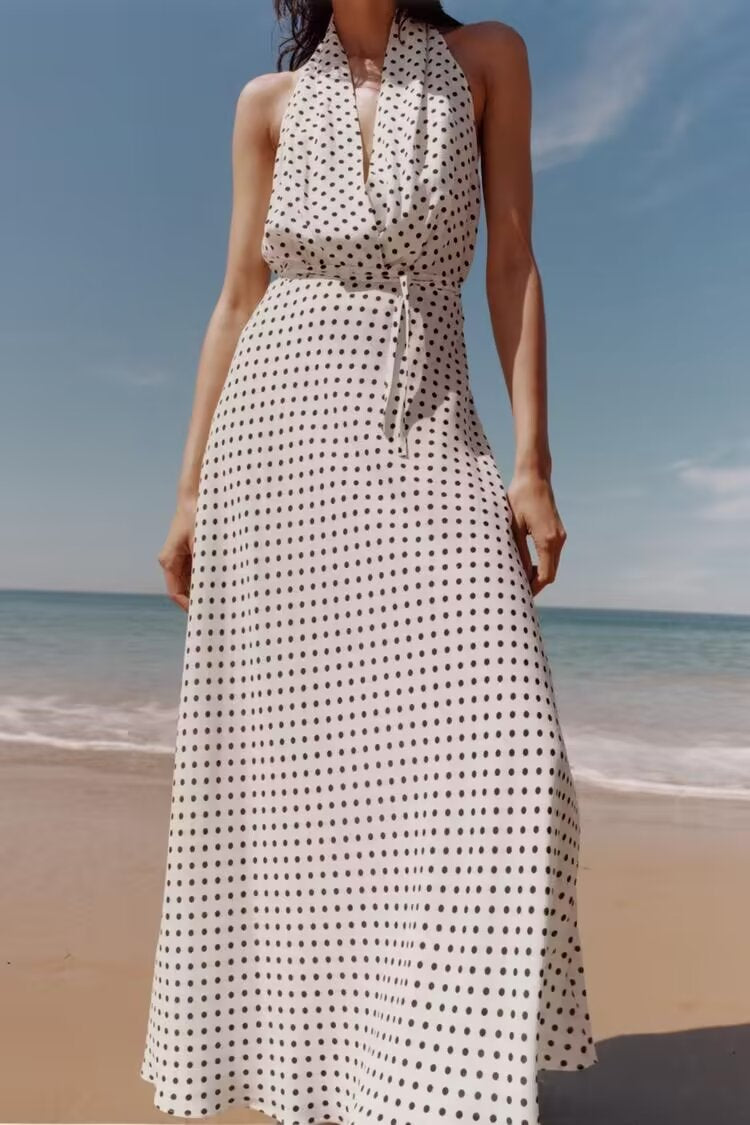 Halter Deep-V Collar Polka-Dot Strap Lace-Up Dress
