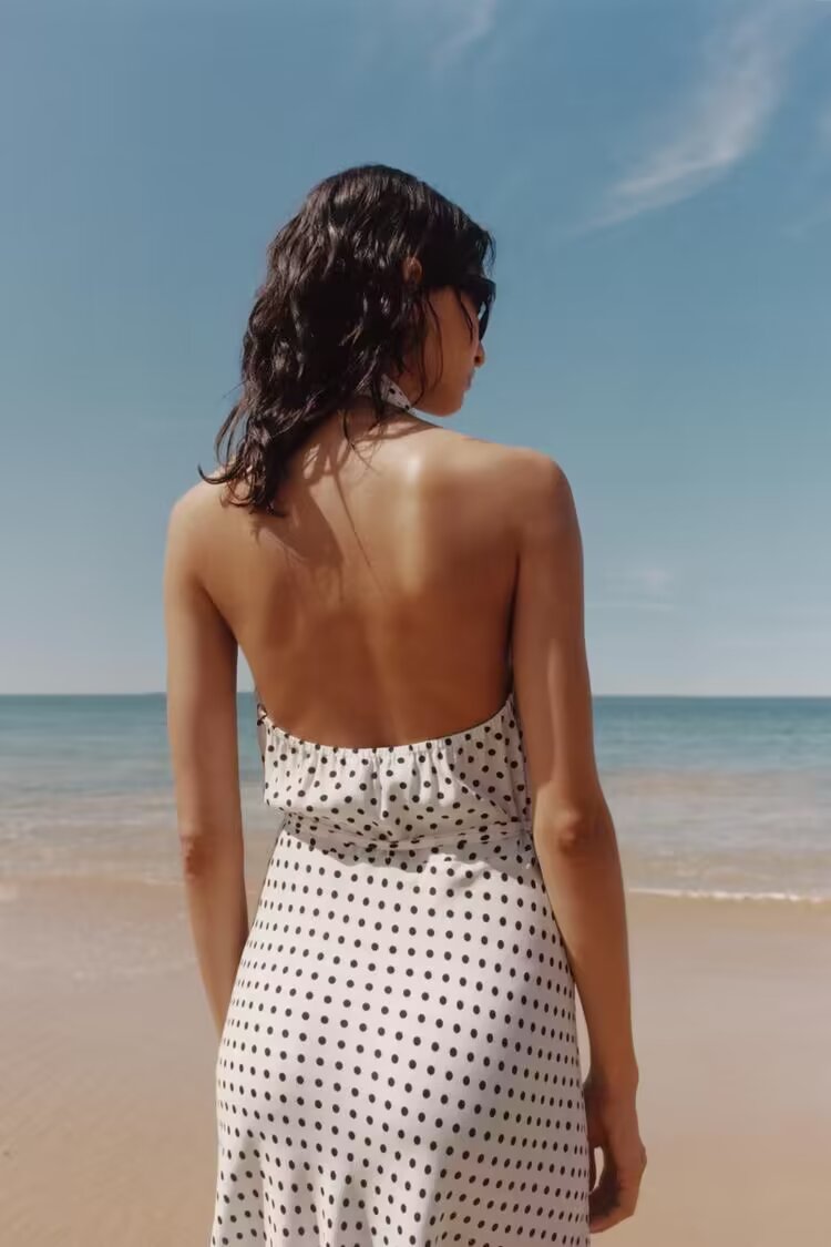 Halter Deep-V Collar Polka-Dot Strap Lace-Up Dress