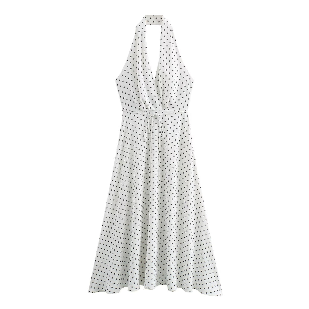Halter Deep-V Collar Polka-Dot Strap Lace-Up Dress