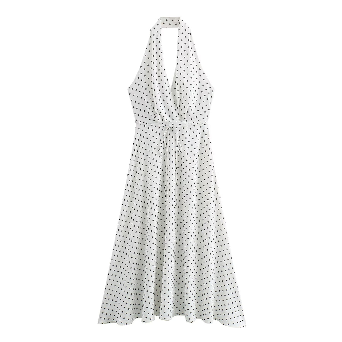 Halter Deep-V Collar Polka-Dot Strap Lace-Up Dress