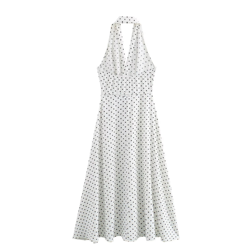 Halter Deep-V Collar Polka-Dot Strap Lace-Up Dress
