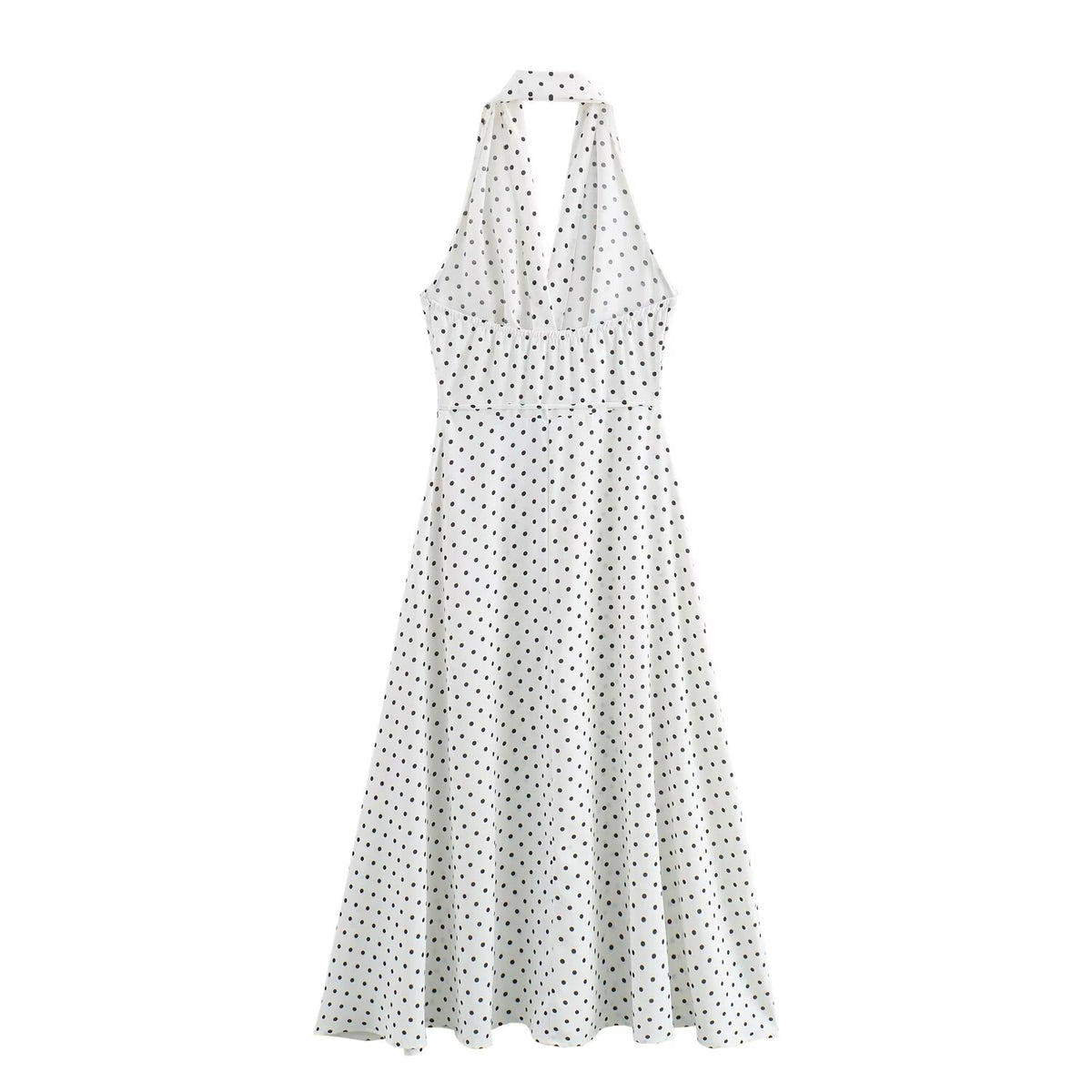 Halter Deep-V Collar Polka-Dot Strap Lace-Up Dress