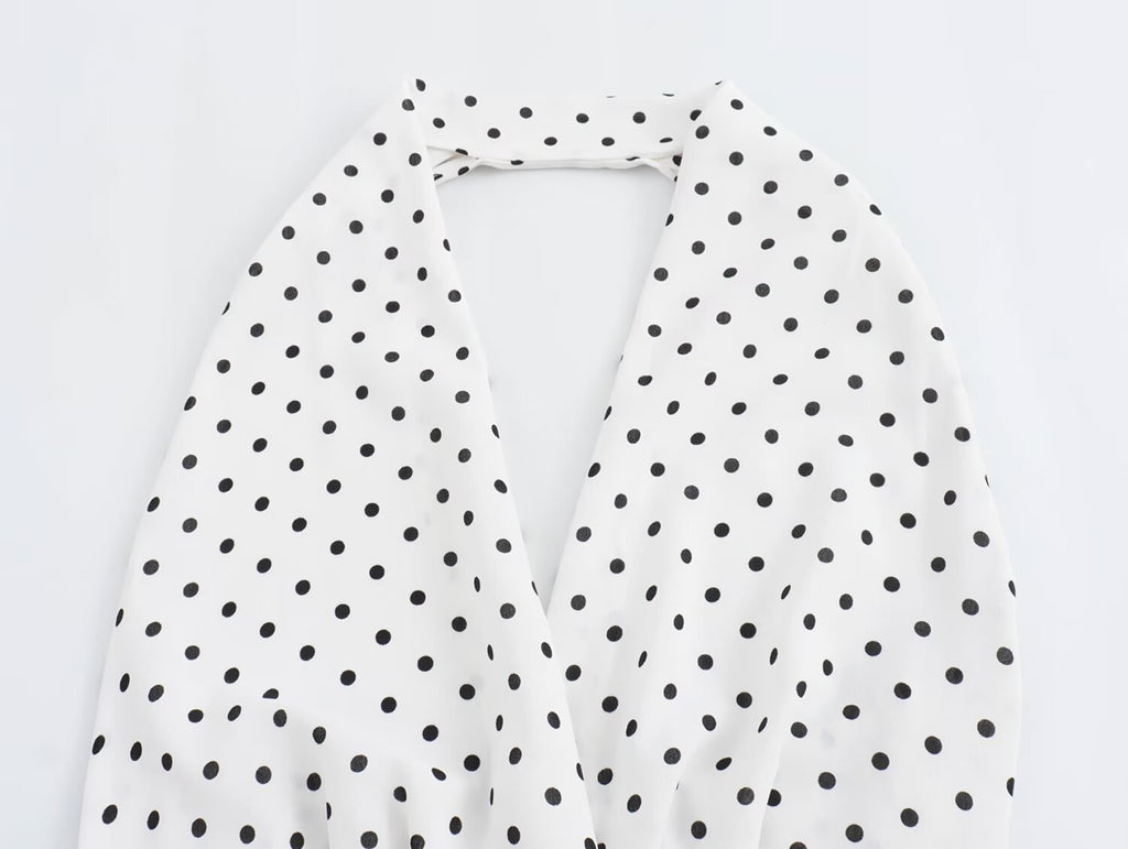 Halter Deep-V Collar Polka-Dot Strap Lace-Up Dress