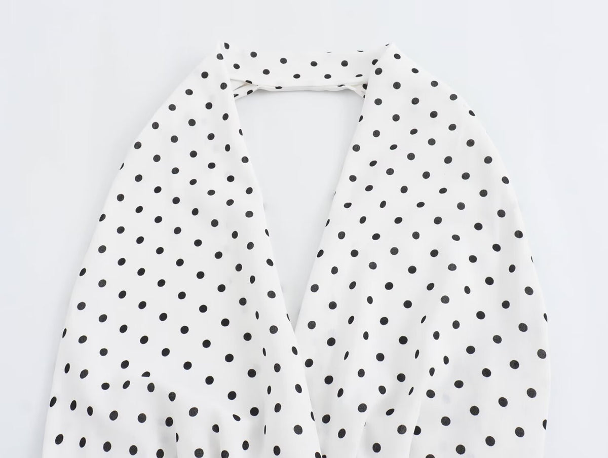 Halter Deep-V Collar Polka-Dot Strap Lace-Up Dress