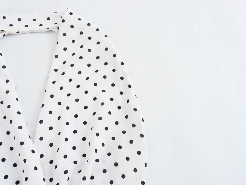 Halter Deep-V Collar Polka-Dot Strap Lace-Up Dress