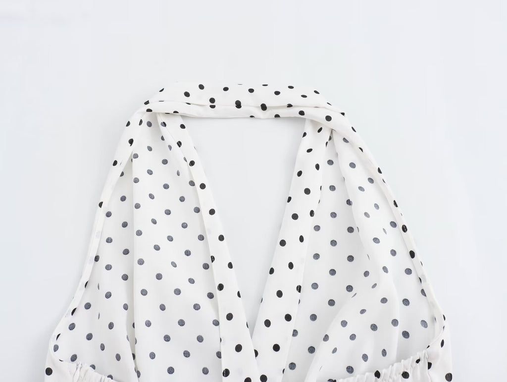 Halter Deep-V Collar Polka-Dot Strap Lace-Up Dress