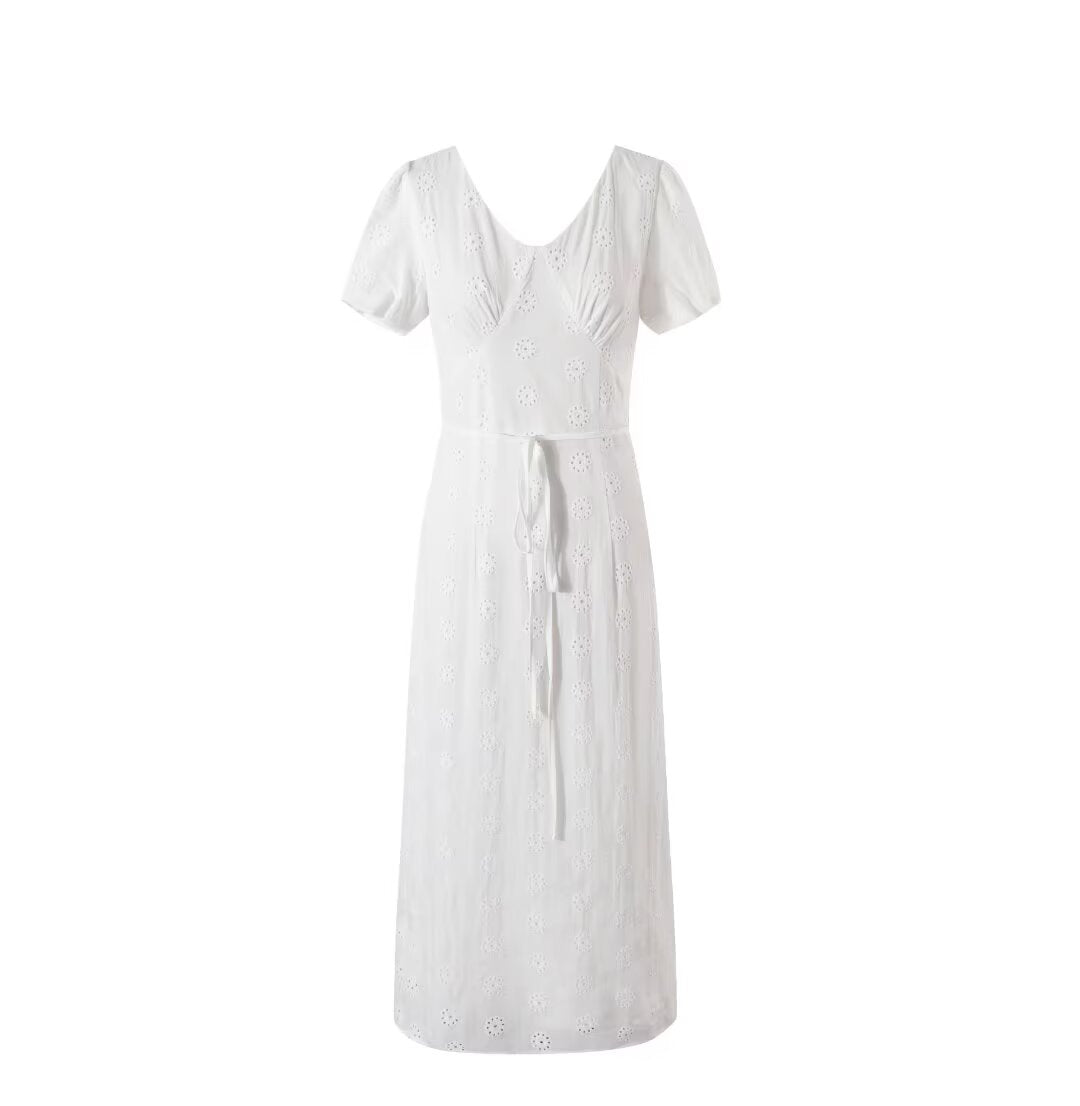 Women's Embroidered Tie-Waist A-Line Midi Dress