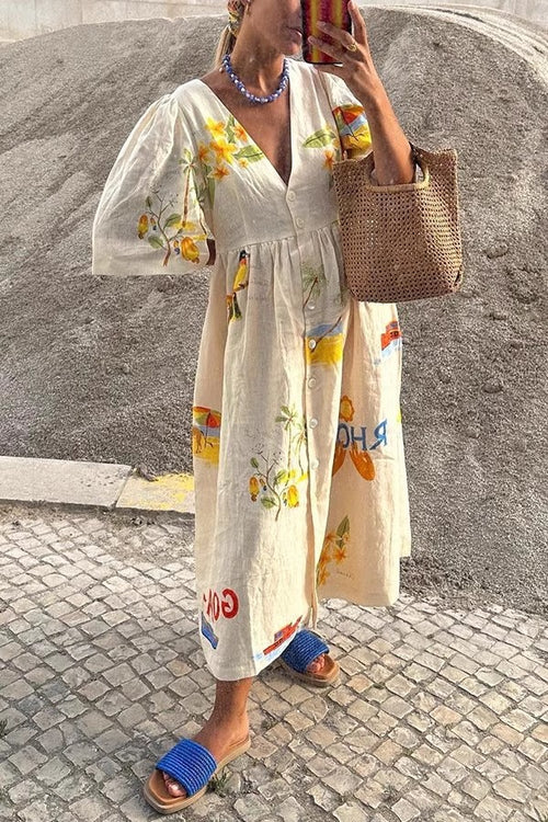 Printed V Neck Cute Short Sleeve Loose Dress Spring Summer