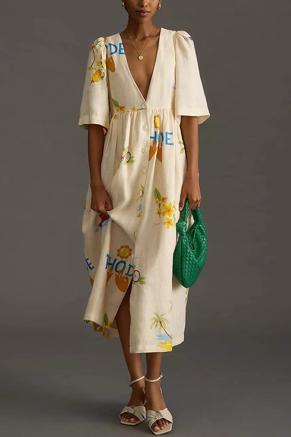 Printed V-Neck Cute Short Sleeve Loose Dress Spring Summer