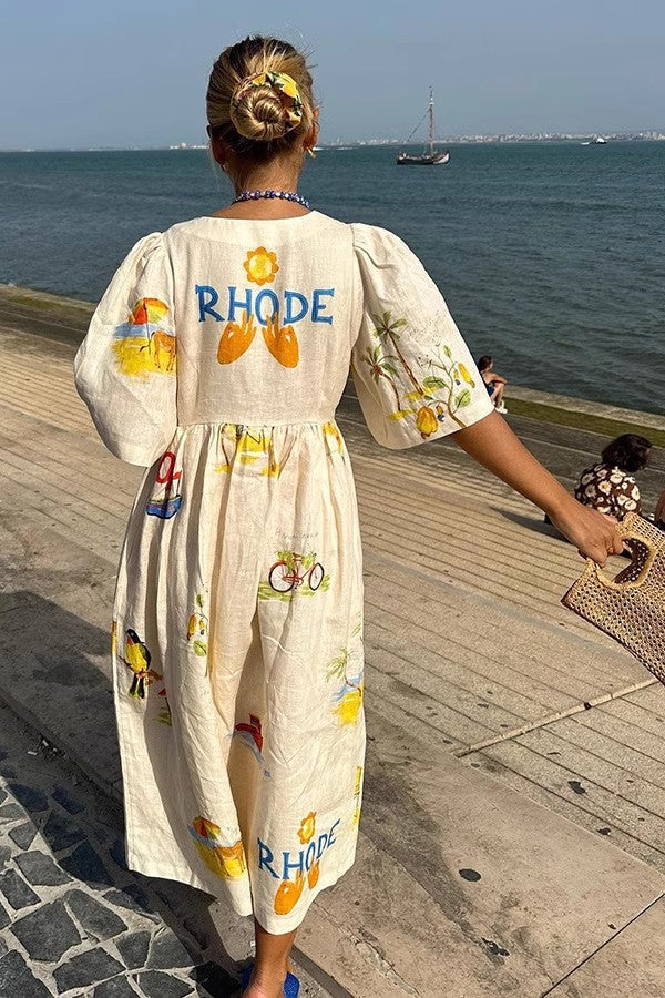 Printed V-Neck Cute Short Sleeve Loose Dress Spring Summer