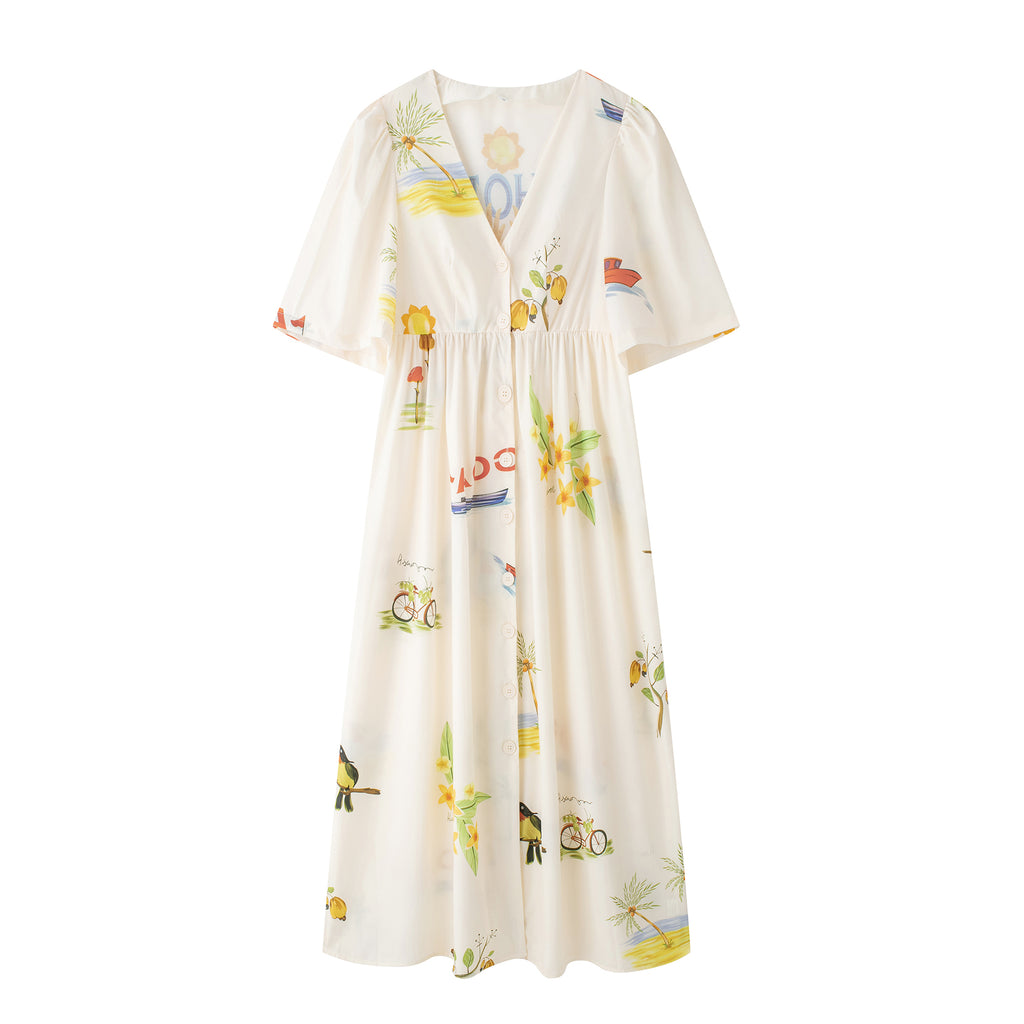 Printed V-Neck Cute Short Sleeve Loose Dress Spring Summer
