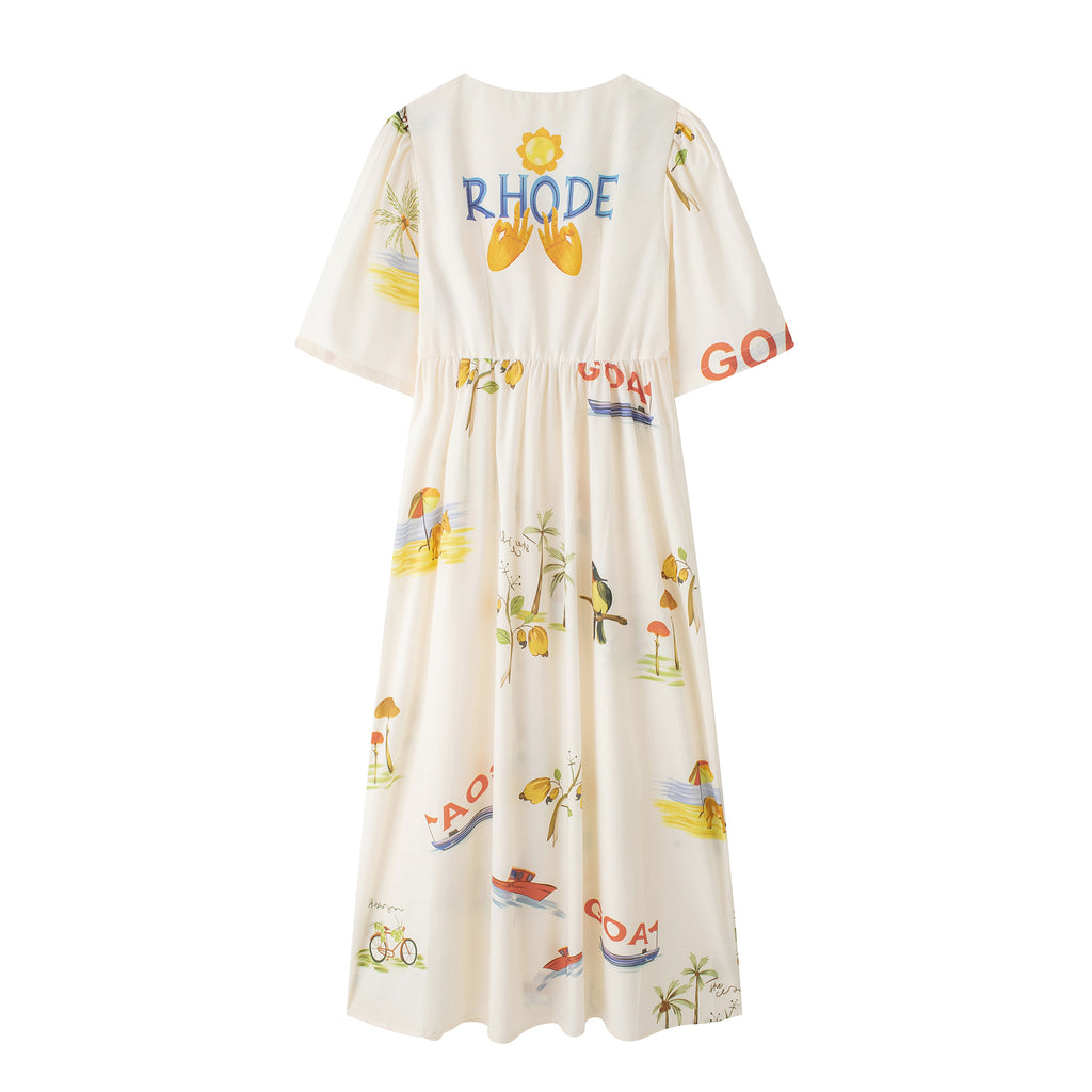 Printed V-Neck Cute Short Sleeve Loose Dress Spring Summer