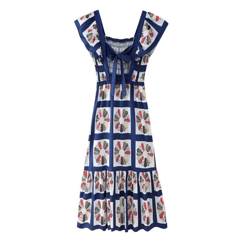 Bow-Back Printed Square-Neck Dress