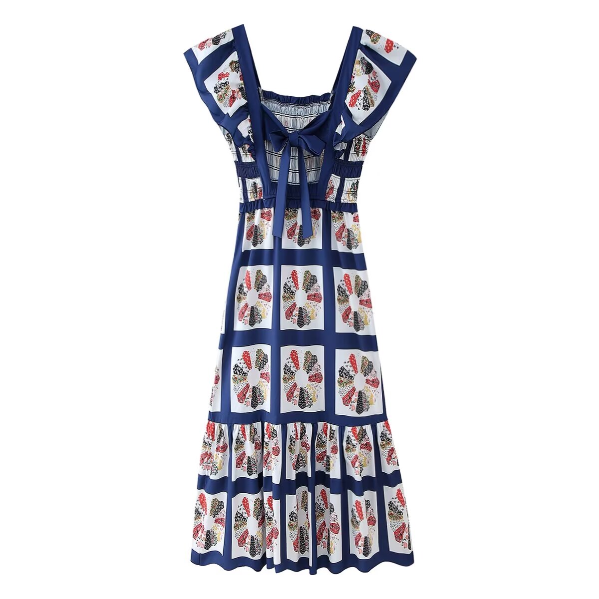 Bow-Back Printed Square-Neck Dress