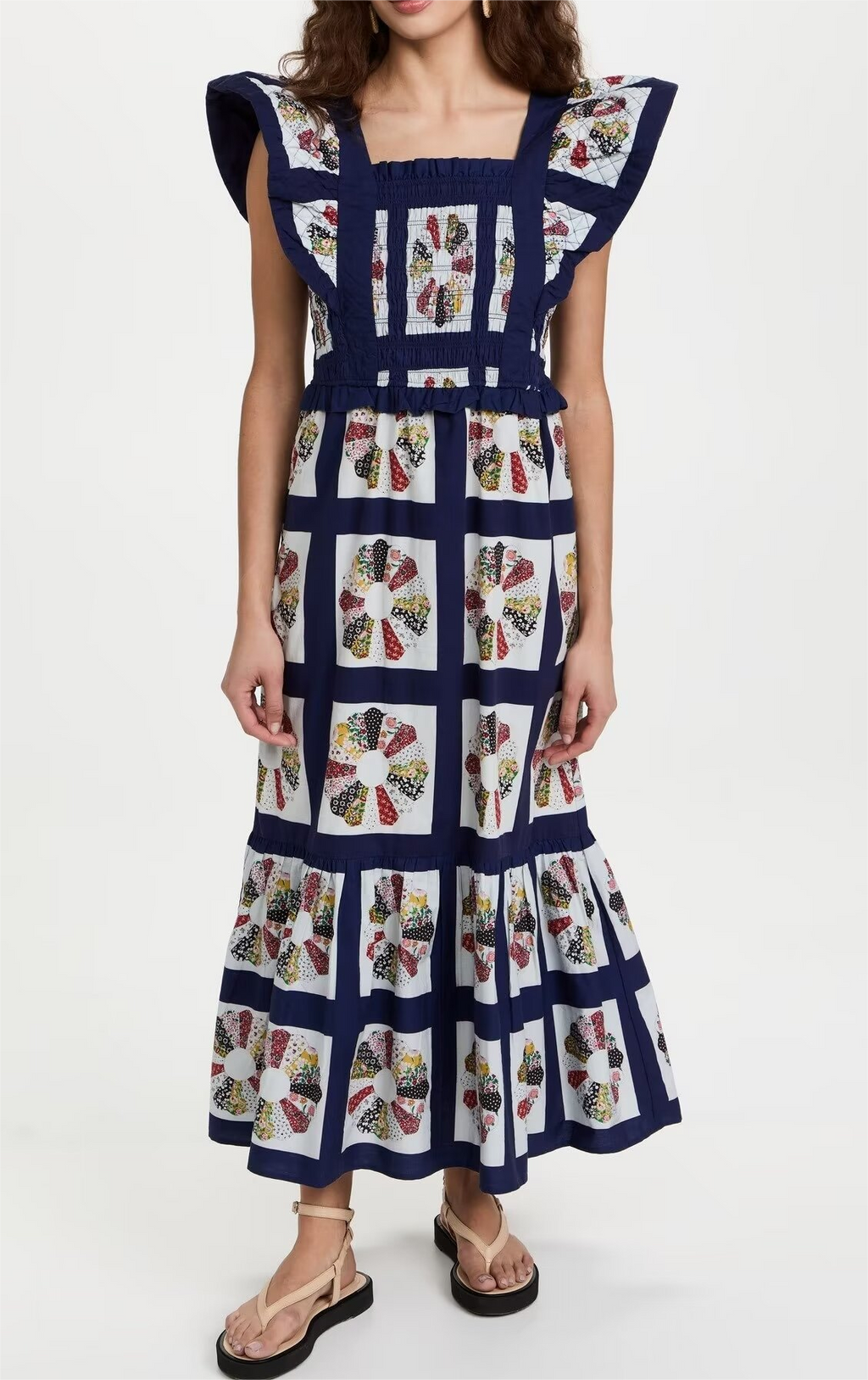 Bow-Back Printed Square-Neck Dress