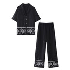 Summer Embroidered Short-Sleeve Shirt Pant Set