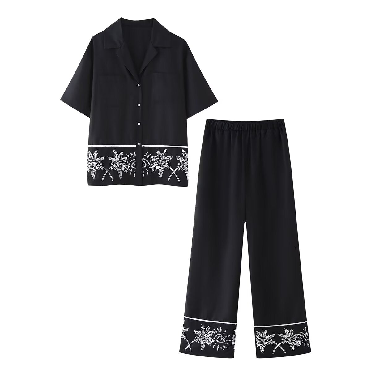 Summer Embroidered Short-Sleeve Shirt Pant Set