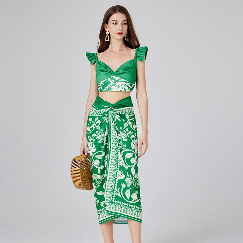 Women's Floral Ruffle V-Neck Skirt Set