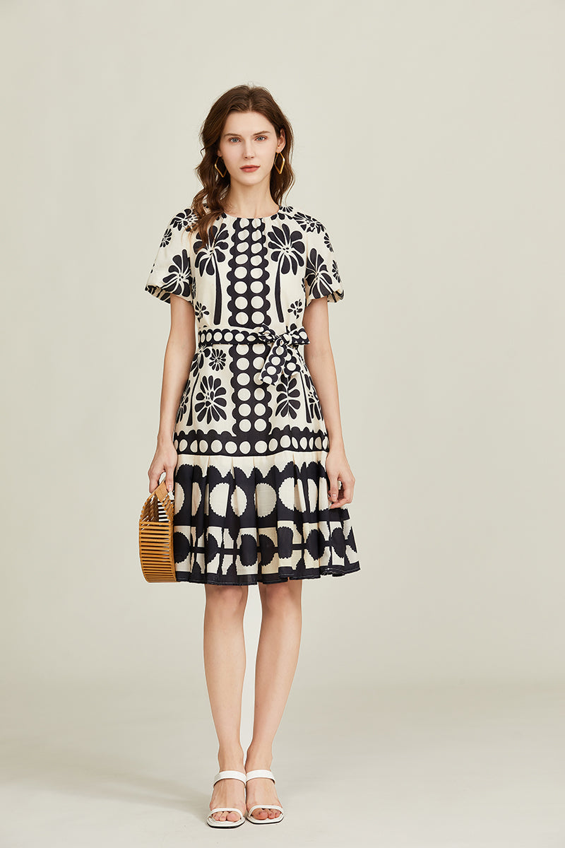 Women's Belted Short-Sleeve A-Line Dress