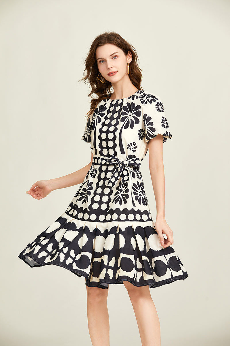 Women's Belted Short-Sleeve A-Line Dress