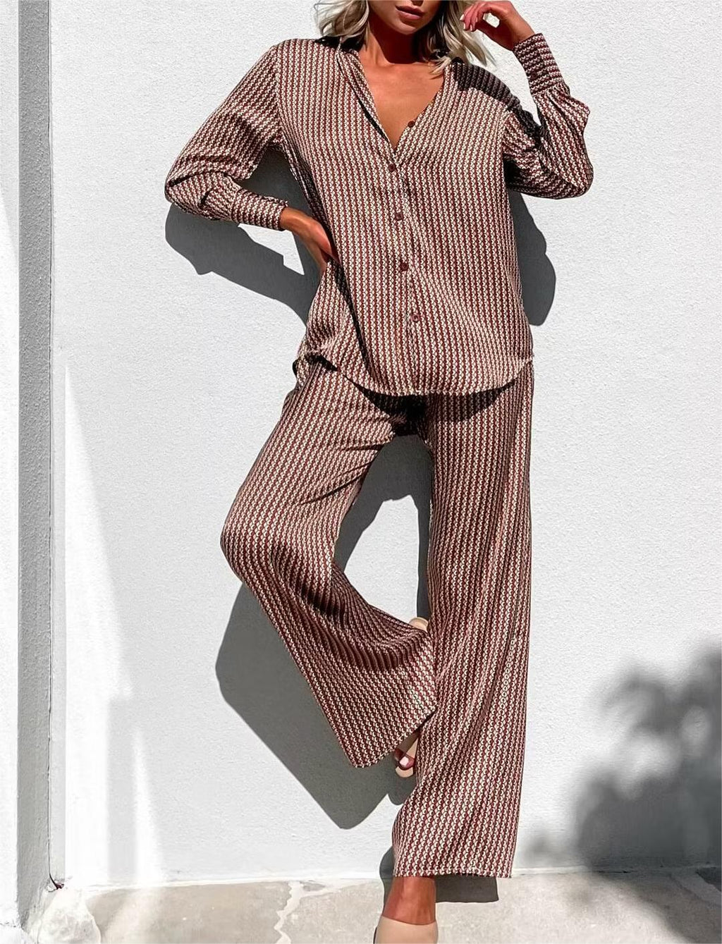 Women's Summer Clothing Fashionable Simple Printed Long-Sleeve Shirt Casual Trousers Suit
