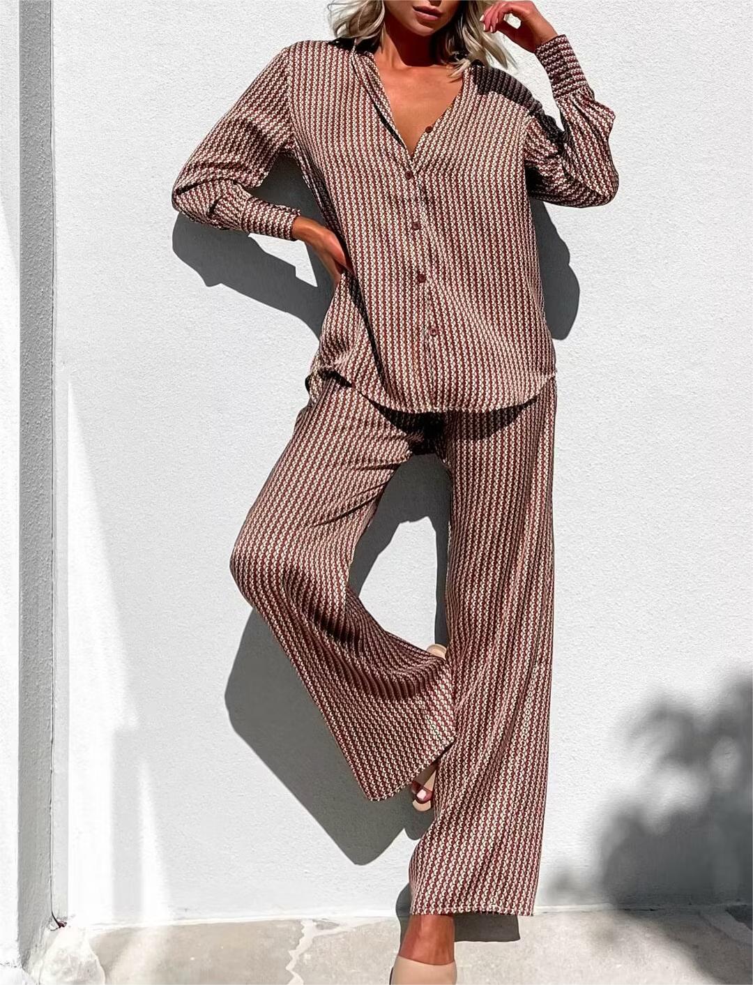 Women's Summer Clothing Fashionable Simple Printed Long-Sleeve Shirt Casual Trousers Suit