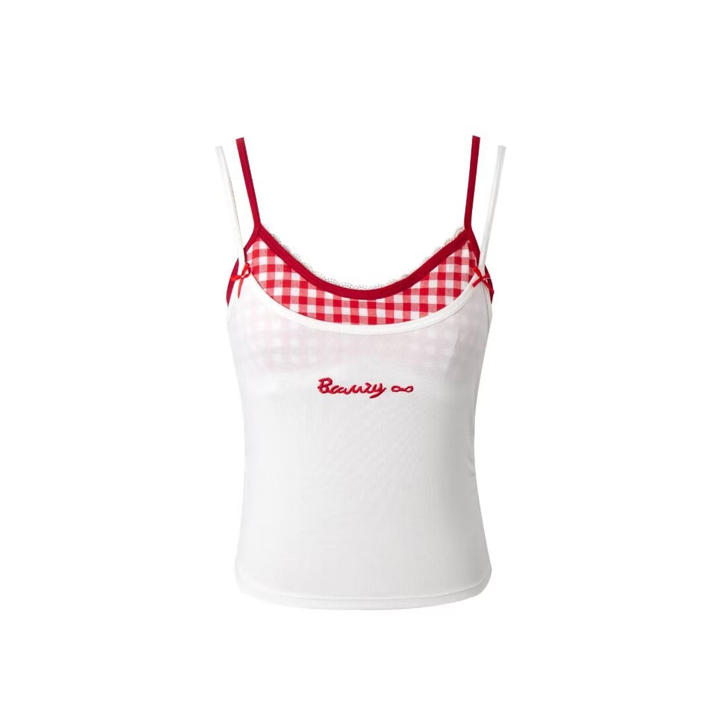 Women’s White Lace Plaid Faux Two Piece Crop Top