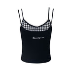 Women’s White Lace Plaid Faux Two Piece Crop Top