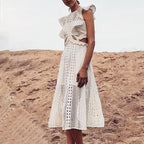 Women's White Lace Waist-Cutout Midi Dress