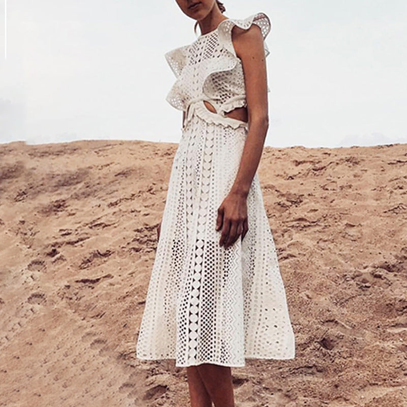 Women's White Lace Waist-Cutout Midi Dress