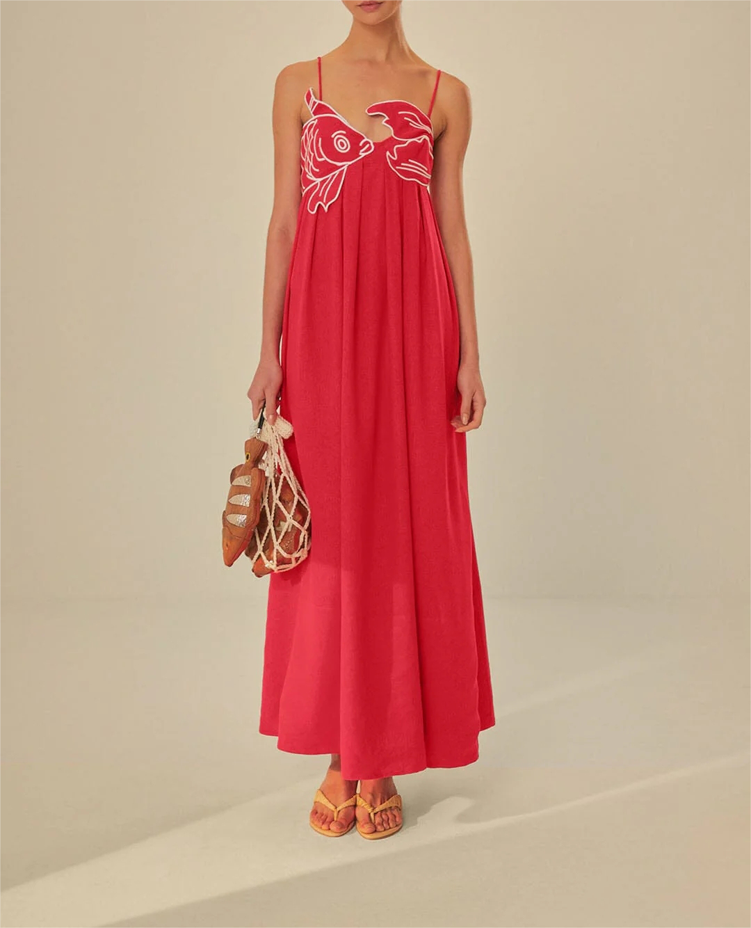 Casual Red Embroidered Sling Maxi Dress
