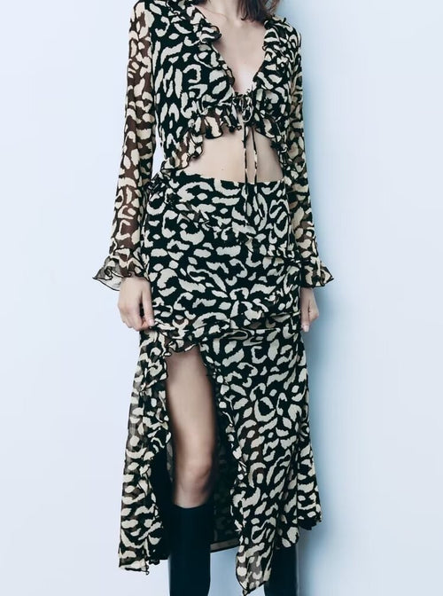 Autumn Animal Pattern Printing Laminated Decoration Midi Dress