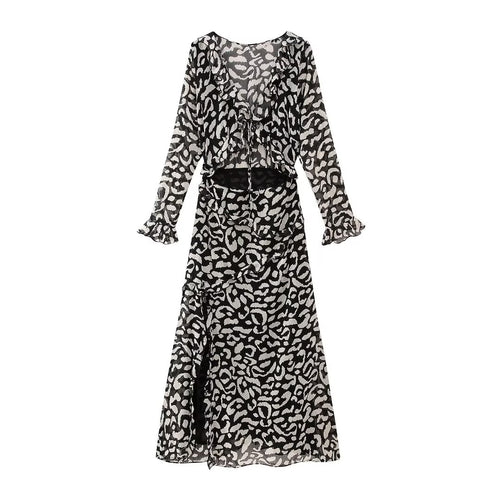 Autumn Animal Pattern Printing Laminated Decoration Midi Dress