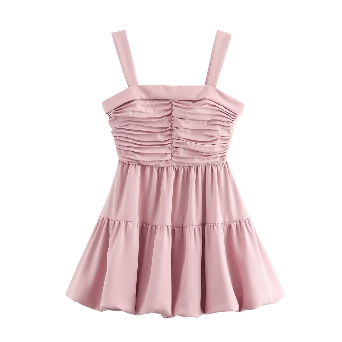 Pink Square-Neck Ruched Sleeveless A-Line Mini Dress