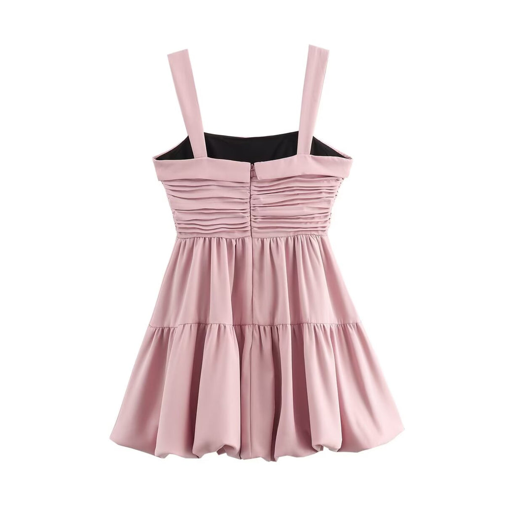 Pink Square-Neck Ruched Sleeveless A-Line Mini Dress