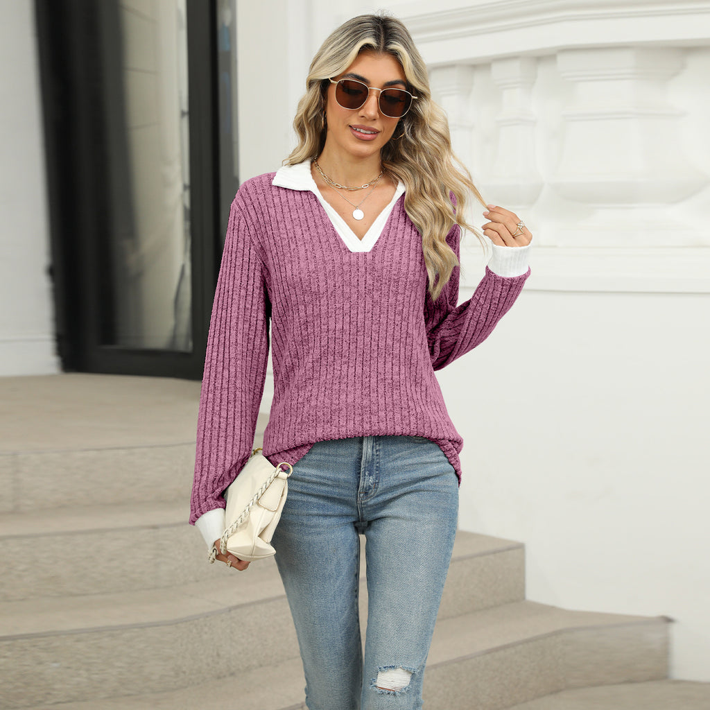 Contrast Lapel Loose Long Sleeve Top
