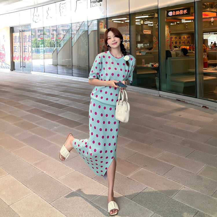 Women's Crew Neck Polka Dot Short Sleeved Sweater High Two-Piece Set