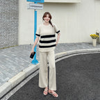 Women's Crew Neck Color Block Short-Sleeve Sweater High-Waisted Two-Piece Set Wide Legged Pant Sets