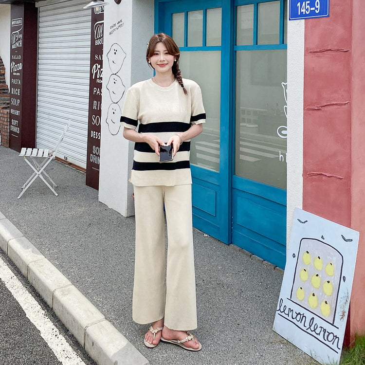 Women's Crew Neck Color Block Short-Sleeve Sweater High-Waisted Two-Piece Set Wide Legged Pant Sets